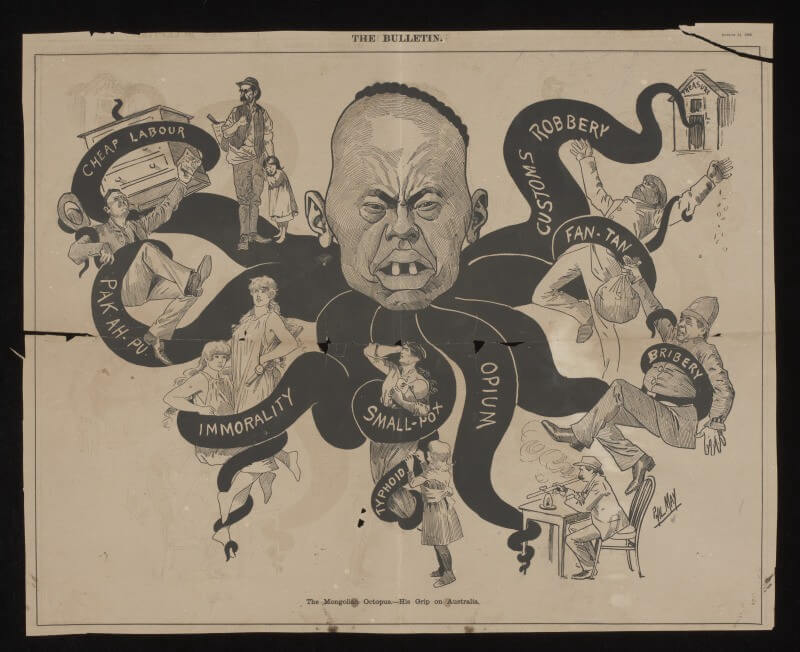 Bulletin from 1880 of a Chinese person depicted as an octopuss causing all sorts of problems.