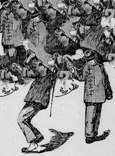 Cartoon of a Chinese gangster being gunned down point blank by another Chinese gangster during the Tong Wars.