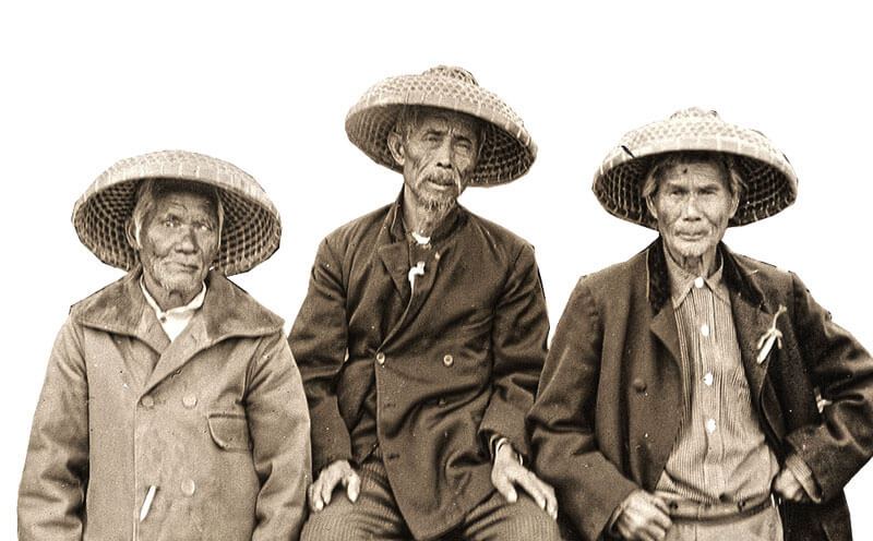 Ging Cui, Wong Fook, and Lee Shao, three of the eight Chinese workers who put the last rail in place, on a float at the 50th Anniversary celebration of the completion of the transcontinental railroad in Ogden, Utah.